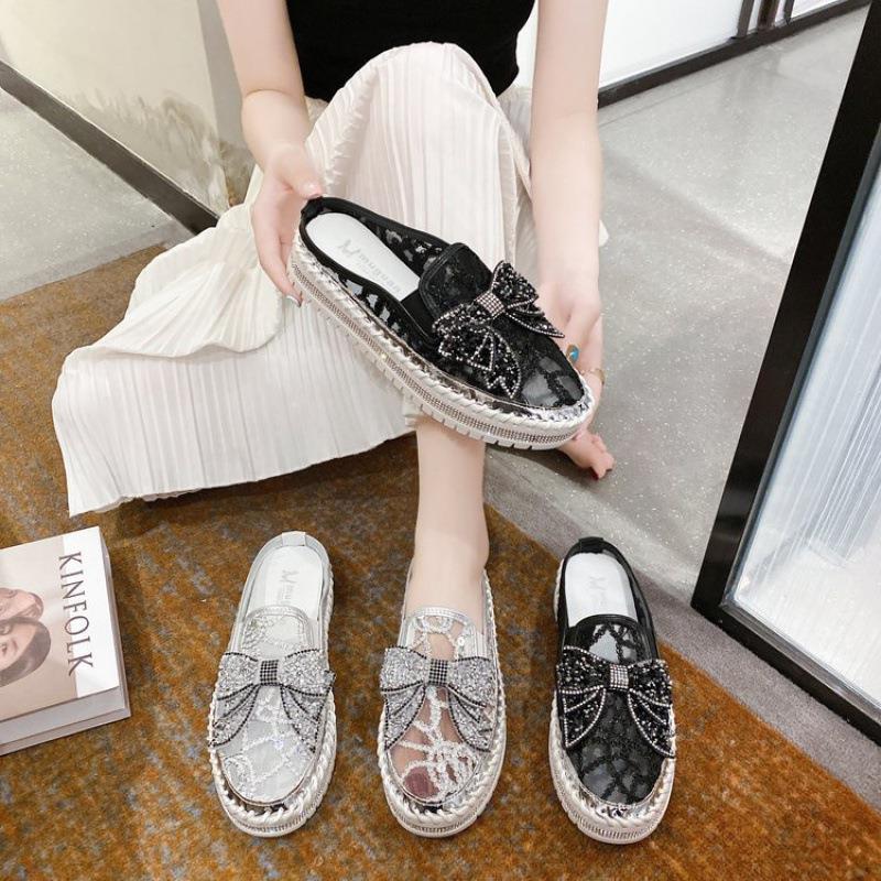 New Crystals Butterfly-knot Flat Platform Heels Half Slippers Women Bling Shoes