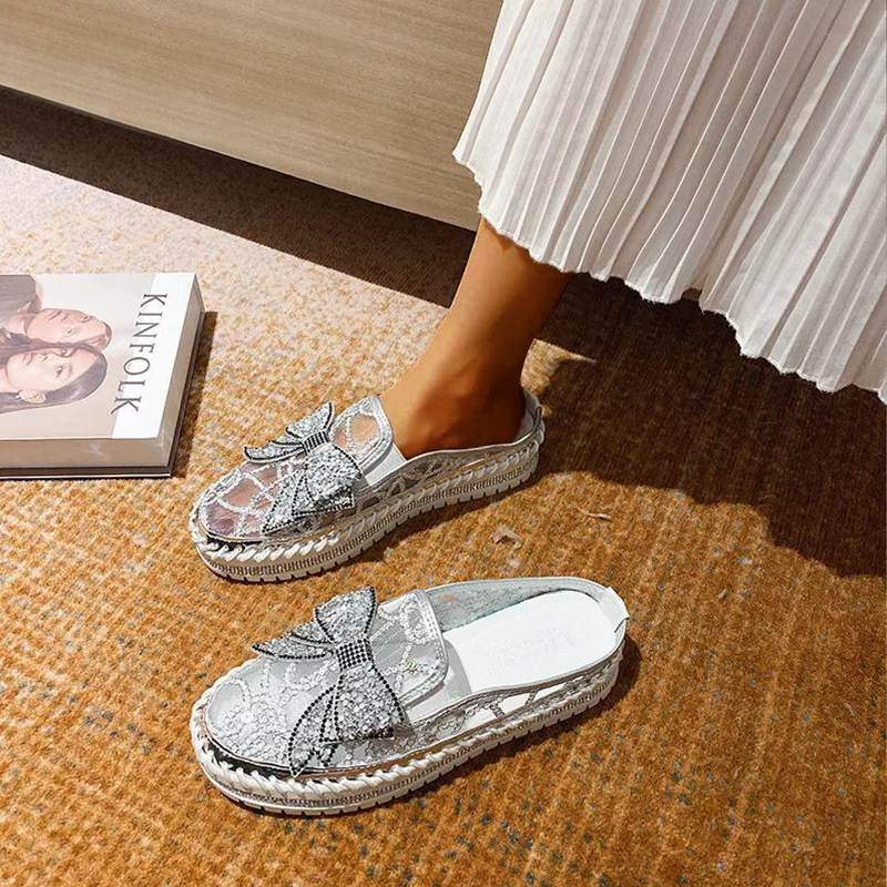 New Crystals Butterfly-knot Flat Platform Heels Half Slippers Women Bling Shoes