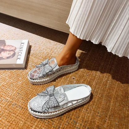 New Crystals Butterfly-knot Flat Platform Heels Half Slippers Women Bling Shoes