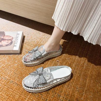 New Crystals Butterfly-knot Flat Platform Heels Half Slippers Women Bling Shoes
