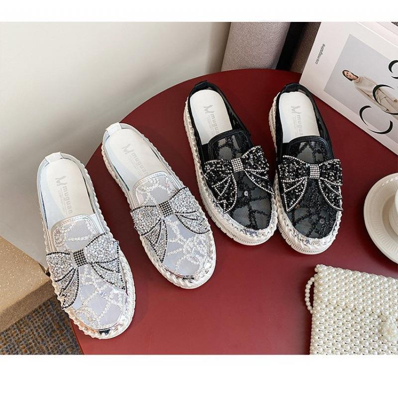 New Crystals Butterfly-knot Flat Platform Heels Half Slippers Women Bling Shoes