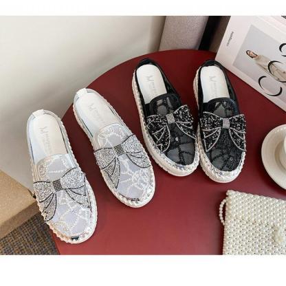 New Crystals Butterfly-knot Flat Platform Heels Half Slippers Women Bling Shoes