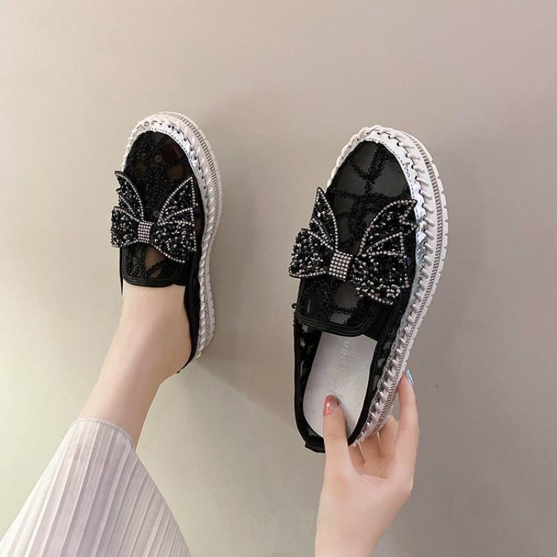 New Crystals Butterfly-knot Flat Platform Heels Half Slippers Women Bling Shoes