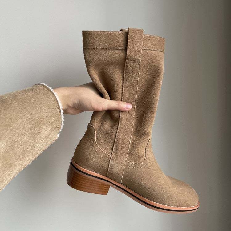 Womens Suede Leather Mid Calf Boots