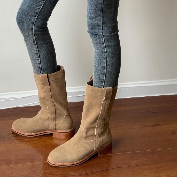 Womens Suede Leather Mid Calf Boots