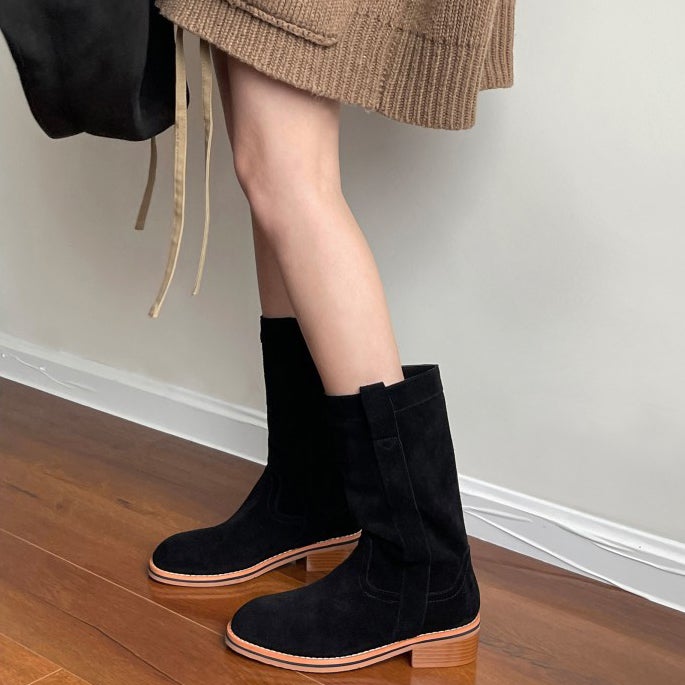 Womens Suede Leather Mid Calf Boots