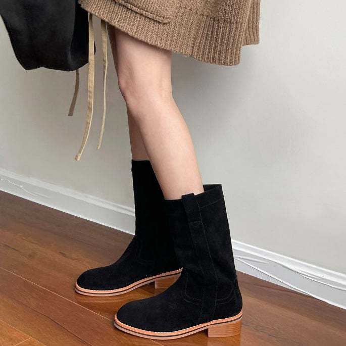 Womens Suede Leather Mid Calf Boots