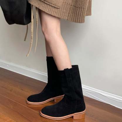 Womens Suede Leather Mid Calf Boots
