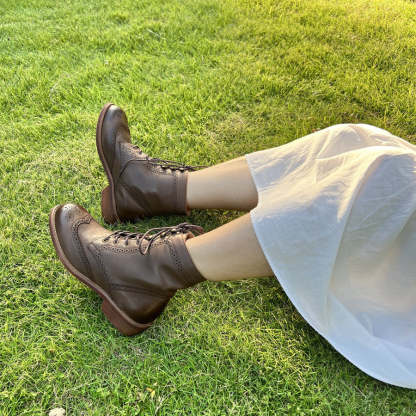 Handmade Wingtip Shoes Leather Martin Boots Block Carving Brogue Ankle Boot For Women