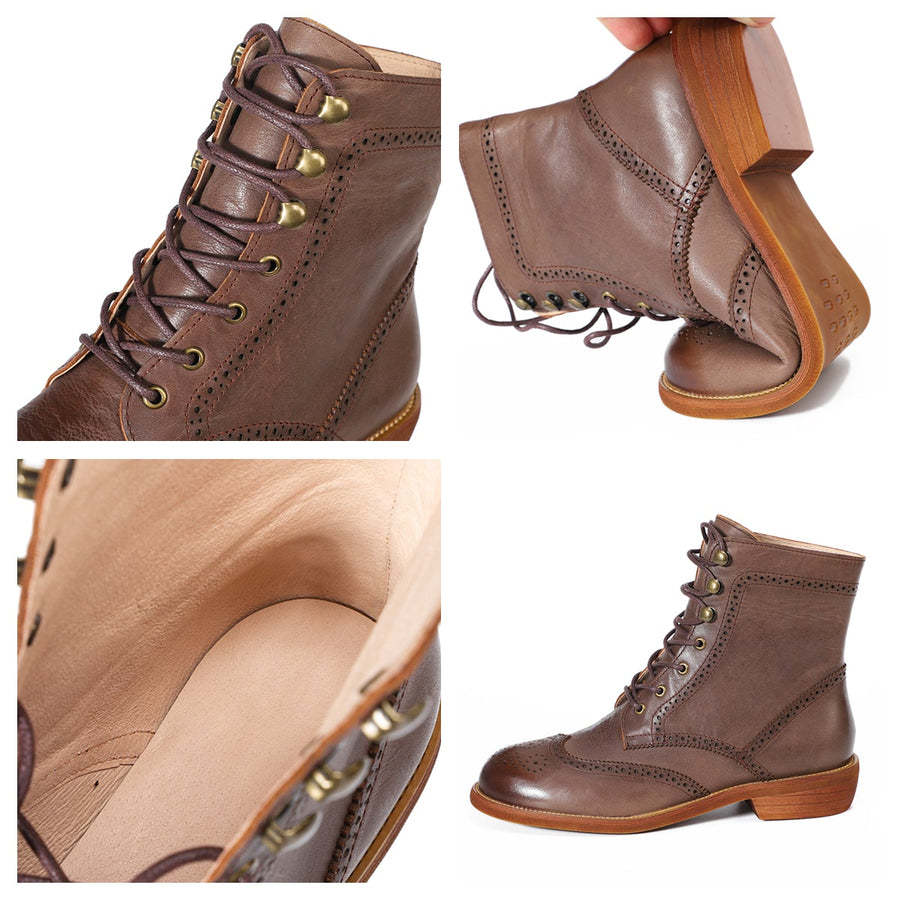 Handmade Wingtip Shoes Leather Martin Boots Block Carving Brogue Ankle Boot For Women