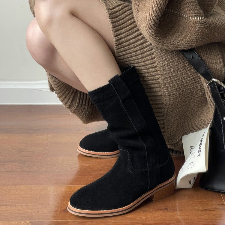 Womens Suede Leather Mid Calf Boots