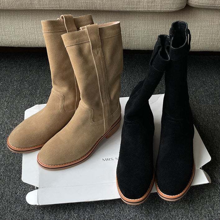 Womens Suede Leather Mid Calf Boots