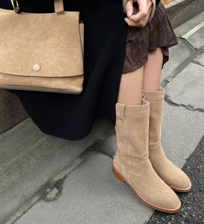 Womens Suede Leather Mid Calf Boots