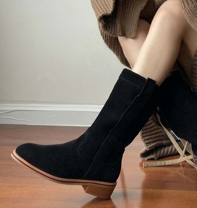 Womens Suede Leather Mid Calf Boots