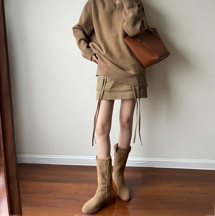 Womens Suede Leather Mid Calf Boots