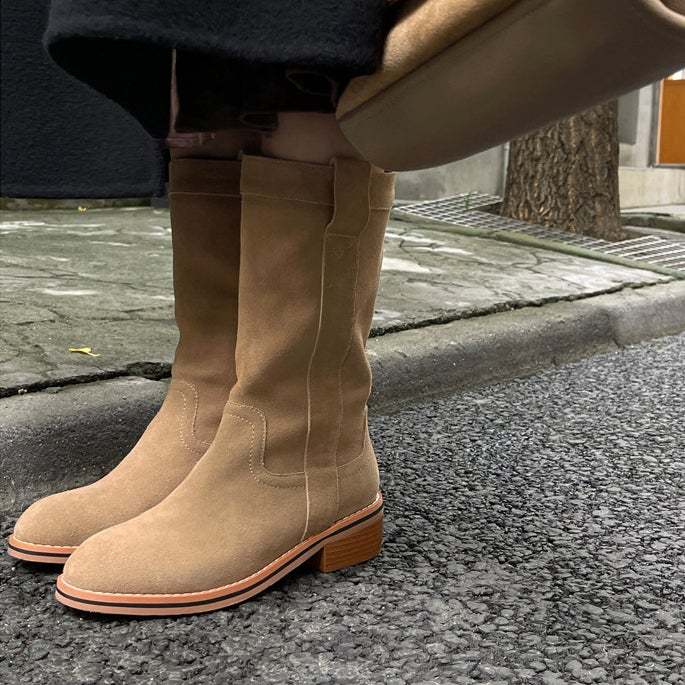 Womens Suede Leather Mid Calf Boots