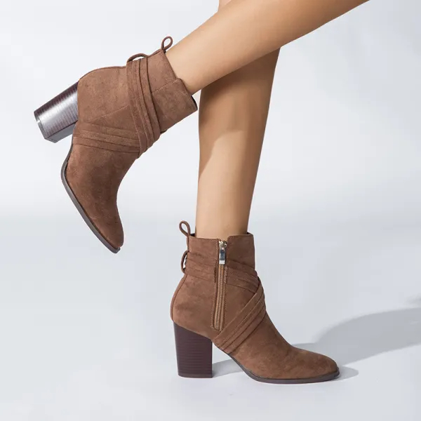 Chic / Beautiful Brown Winter Street Wear Suede Womens Boots  8 cm Thick Heels Pointed Toe Boots