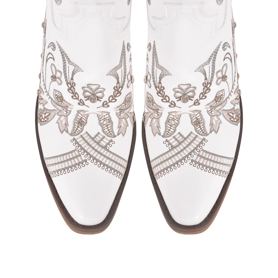 Embroidery Rhinestone Chunky Heel Thigh High Boots