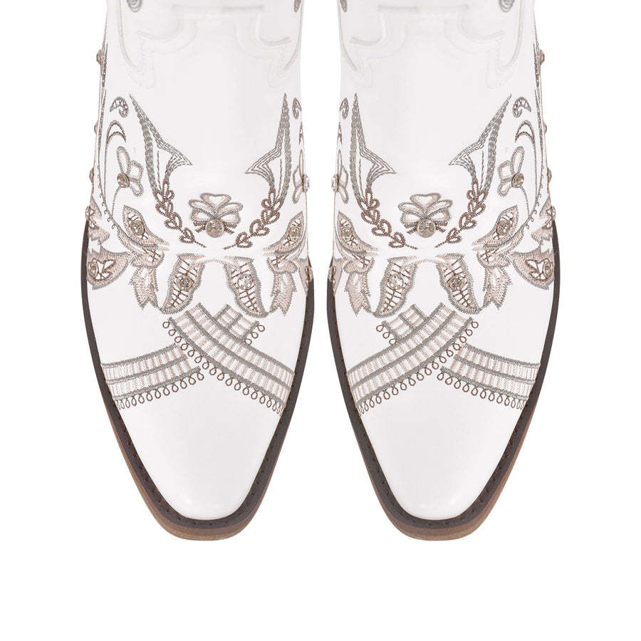 Embroidery Rhinestone Chunky Heel Thigh High Boots