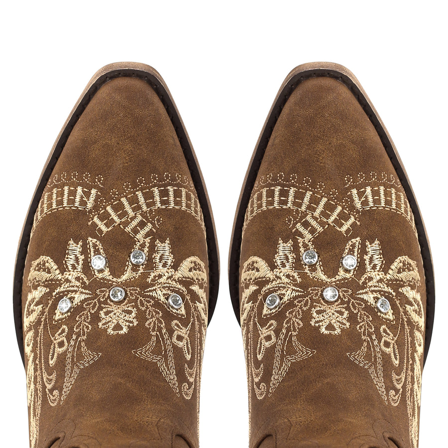 Embroidery Rhinestone Chunky Heel Thigh High Boots