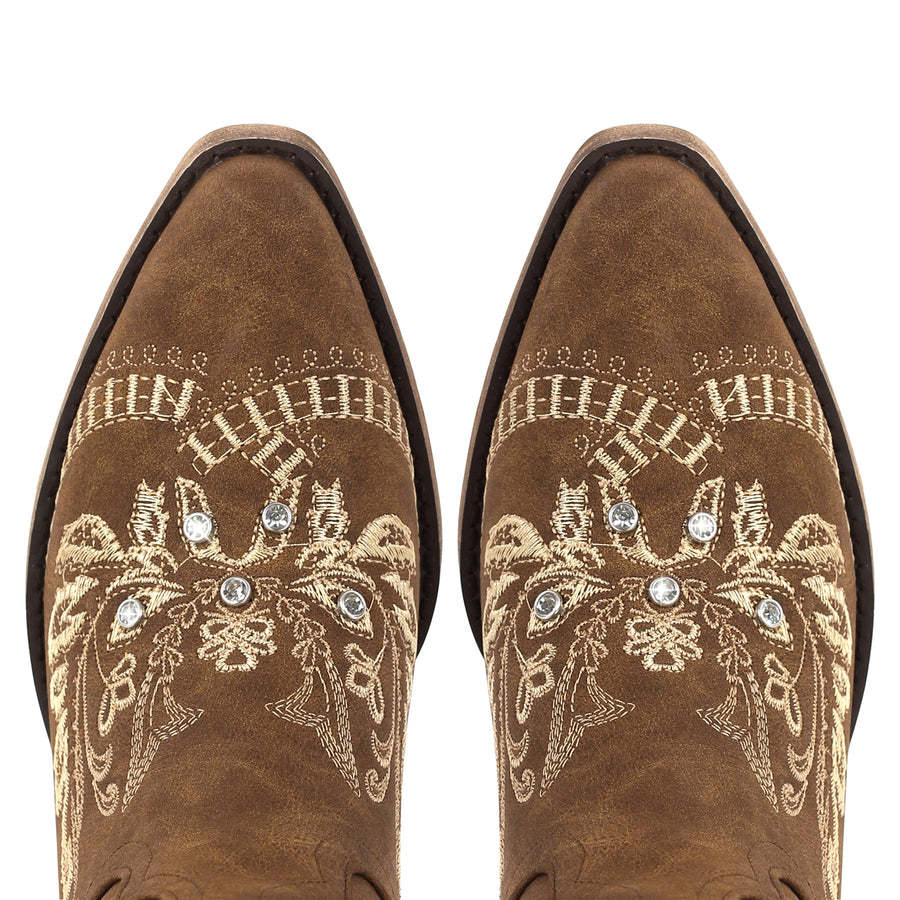 Embroidery Rhinestone Chunky Heel Thigh High Boots