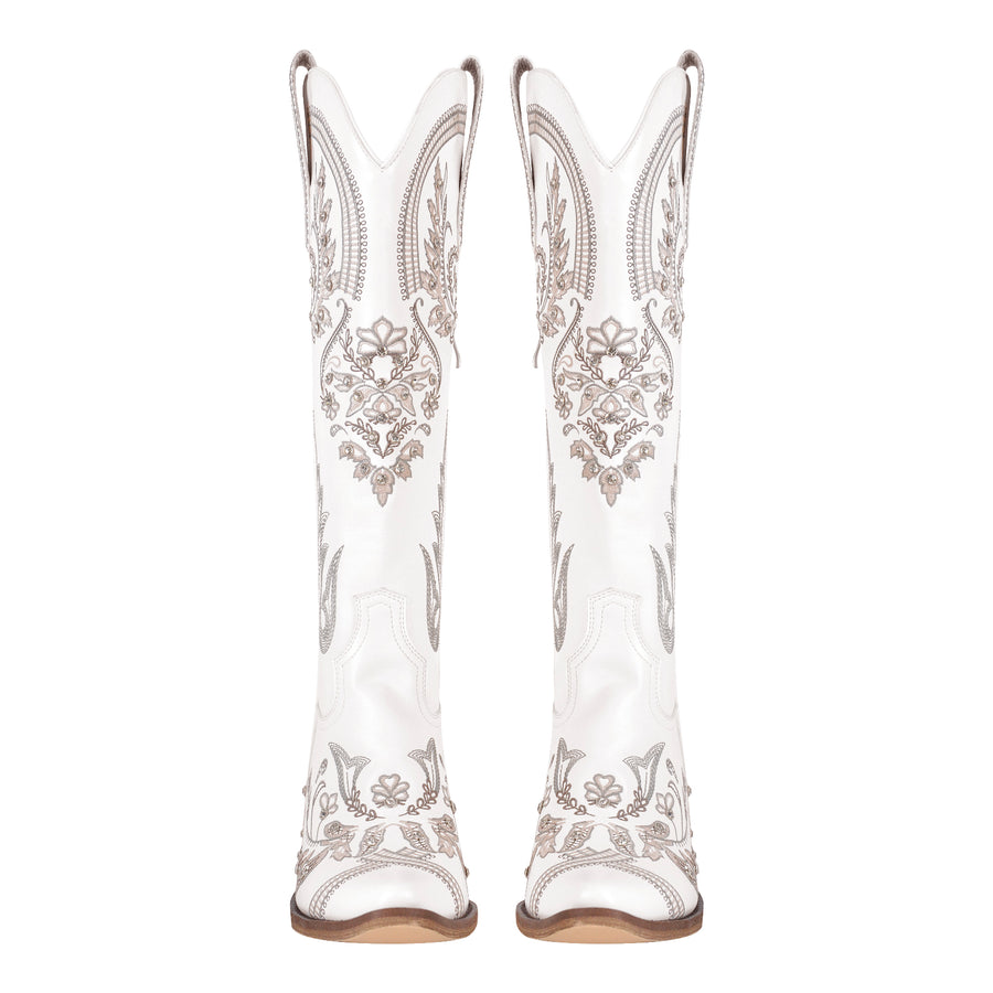 Embroidery Rhinestone Chunky Heel Thigh High Boots