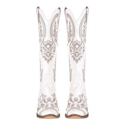 Embroidery Rhinestone Chunky Heel Thigh High Boots