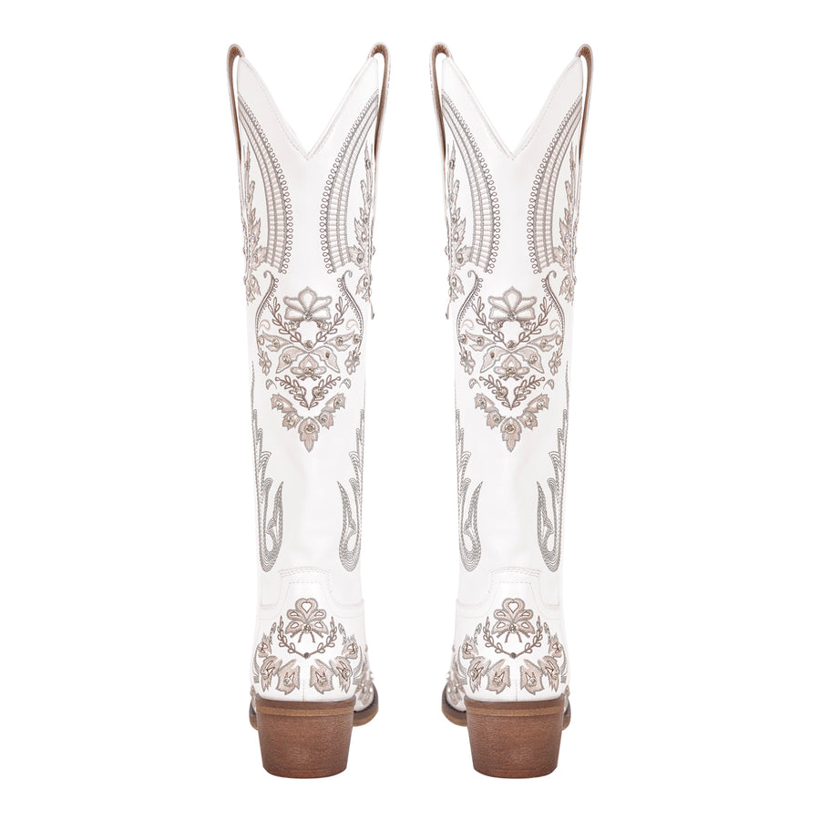 Embroidery Rhinestone Chunky Heel Thigh High Boots