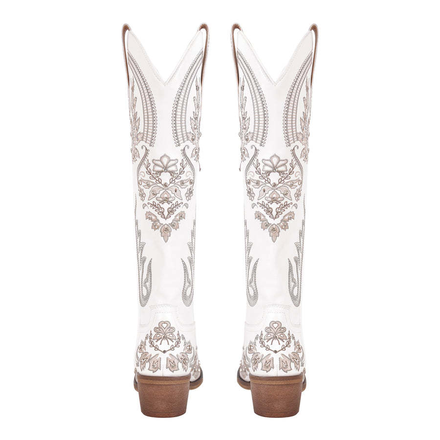 Embroidery Rhinestone Chunky Heel Thigh High Boots