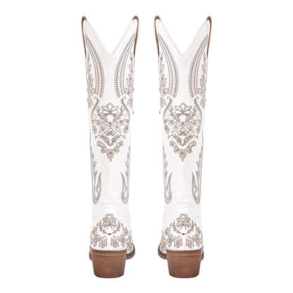 Embroidery Rhinestone Chunky Heel Thigh High Boots
