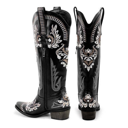 Embroidery Rhinestone Chunky Heel Thigh High Boots