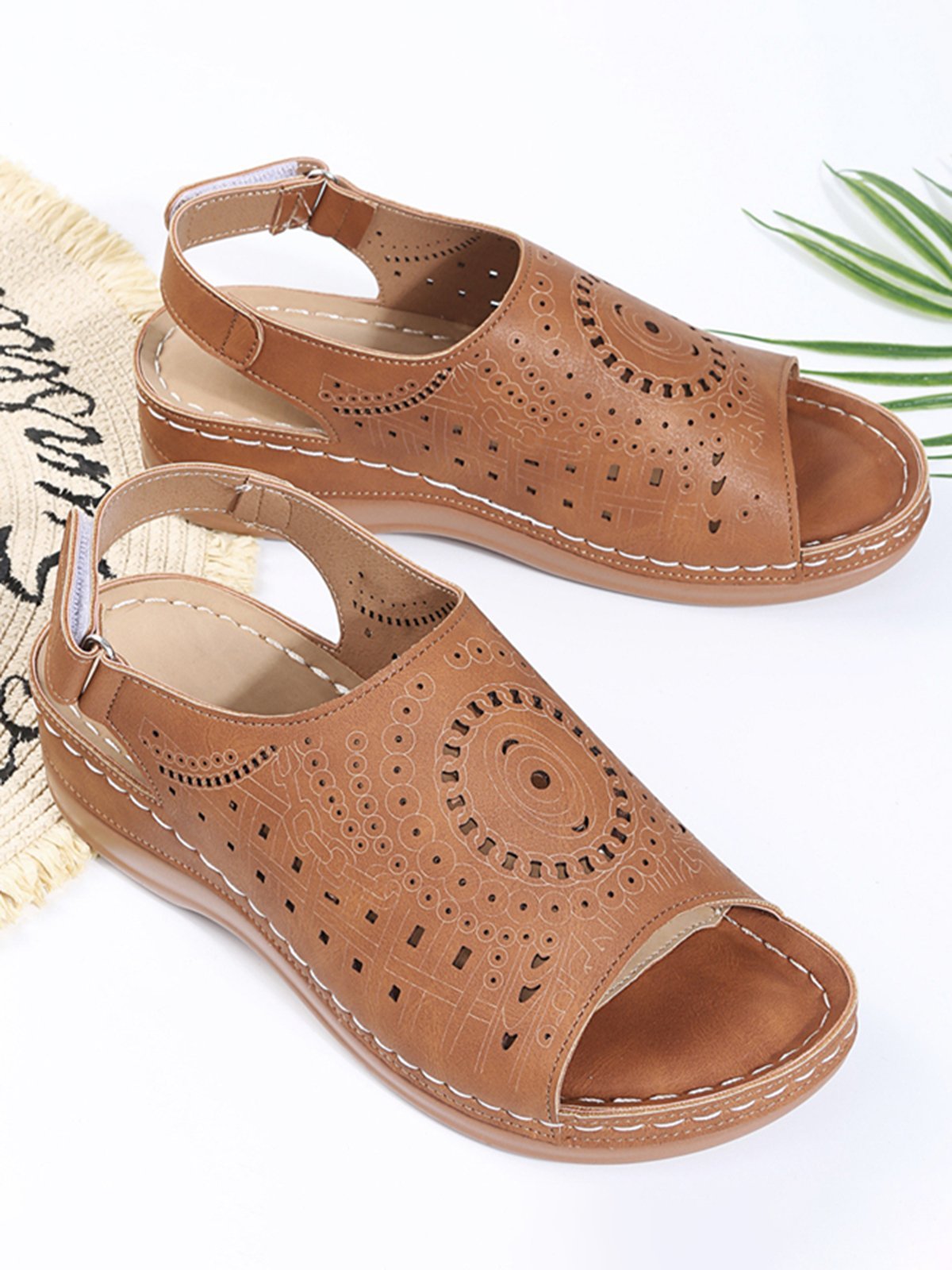 Ethnic Pattern Punched Hollow Velcro Vintage Sandals