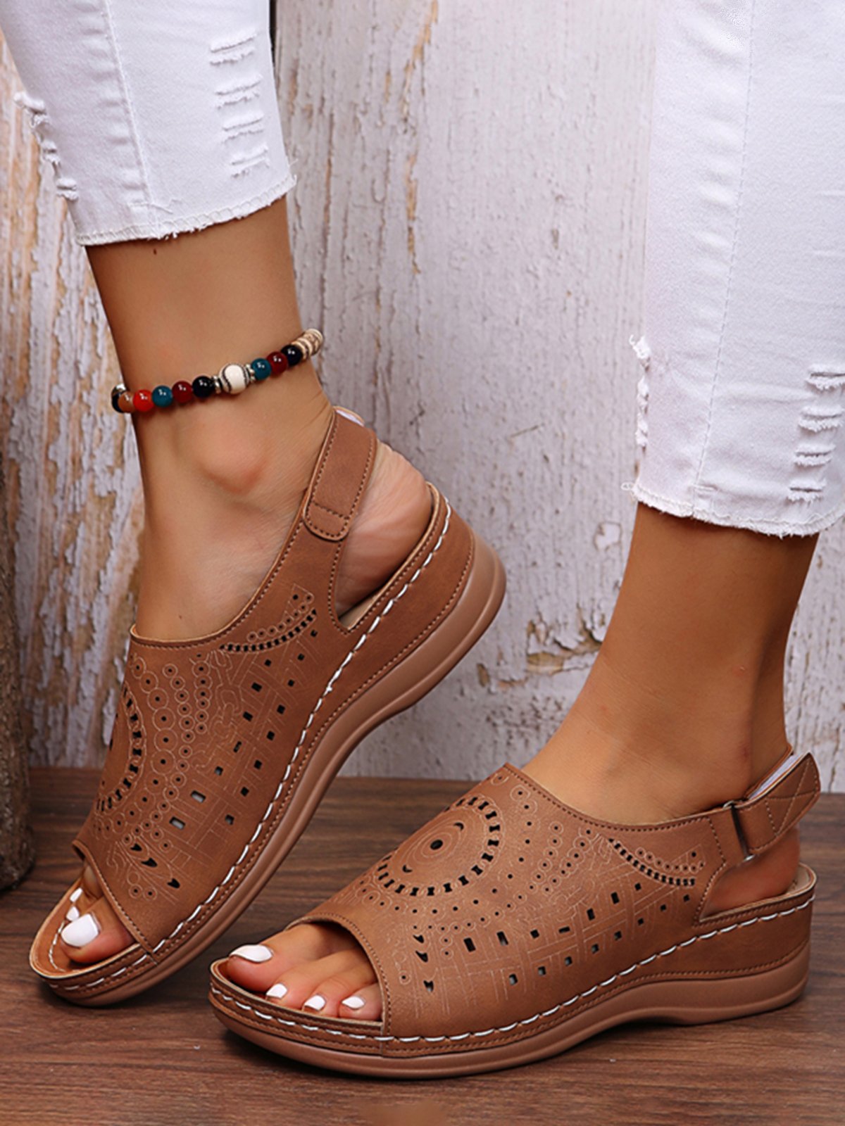Ethnic Pattern Punched Hollow Velcro Vintage Sandals
