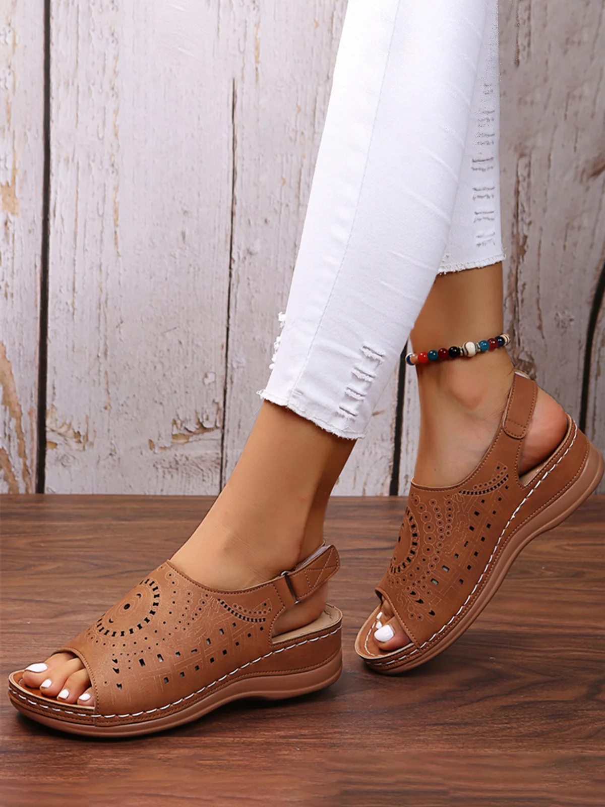 Ethnic Pattern Punched Hollow Velcro Vintage Sandals