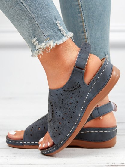 Ethnic Pattern Punched Hollow Velcro Vintage Sandals