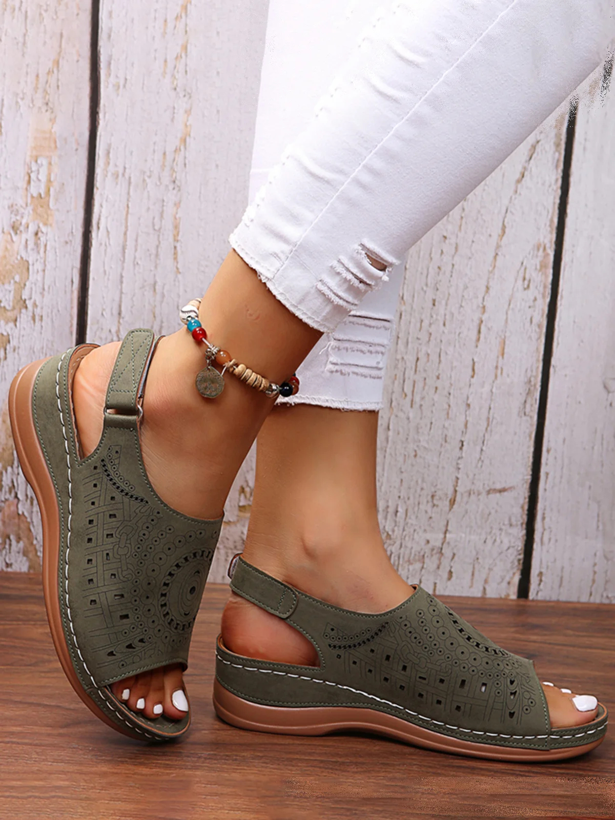 Ethnic Pattern Punched Hollow Velcro Vintage Sandals