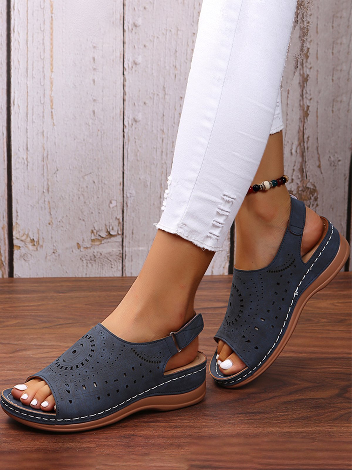 Ethnic Pattern Punched Hollow Velcro Vintage Sandals