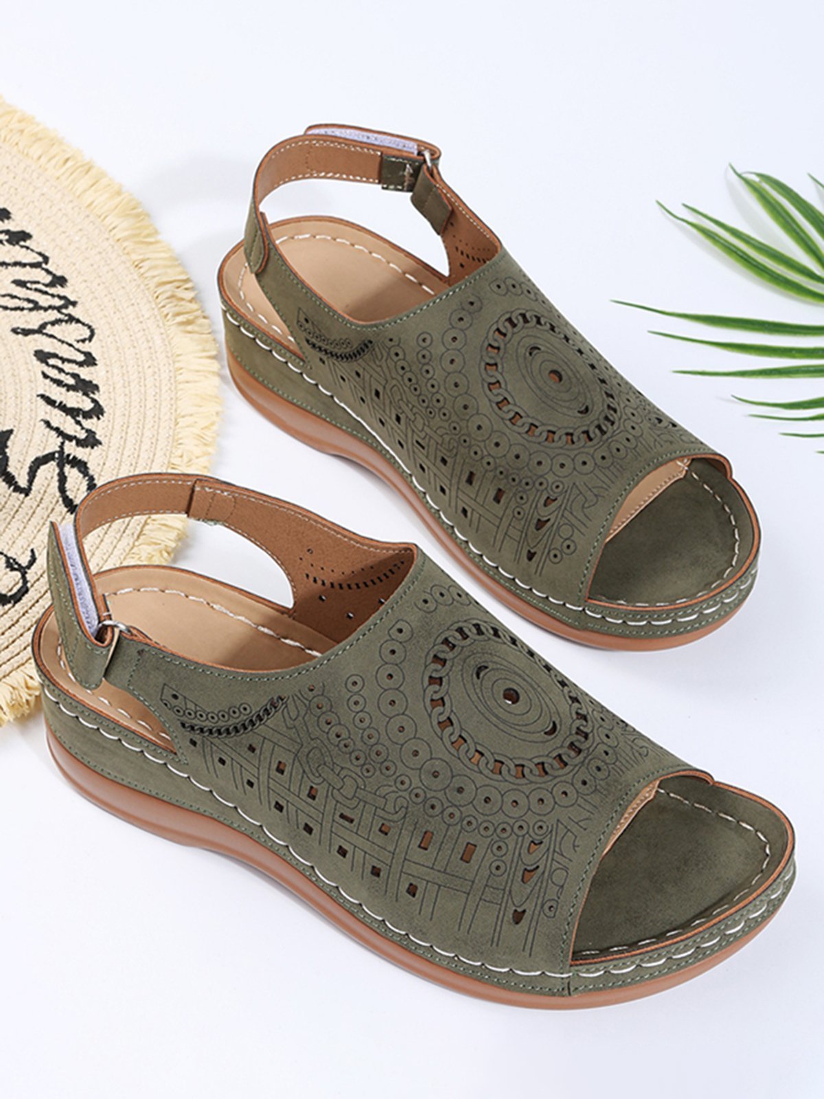 Ethnic Pattern Punched Hollow Velcro Vintage Sandals