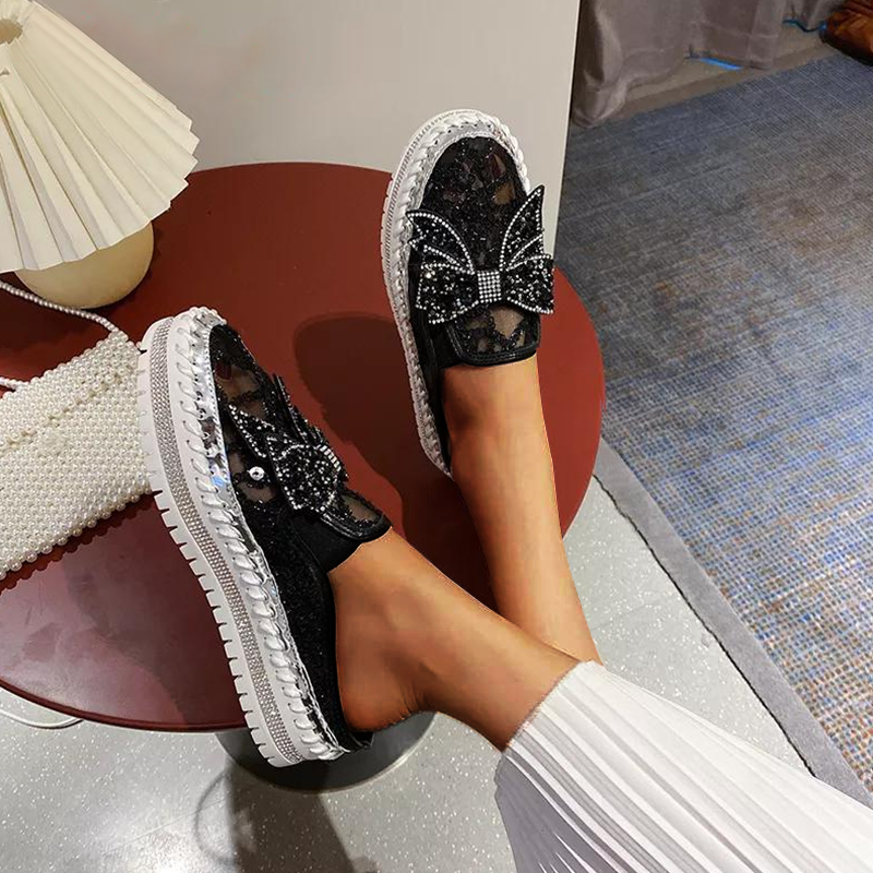 New Crystals Butterfly-knot Flat Platform Heels Half Slippers Women Bling Shoes