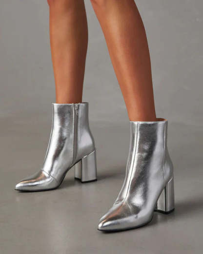 Silver metallic block heel ankle boots for a bold and trendy look