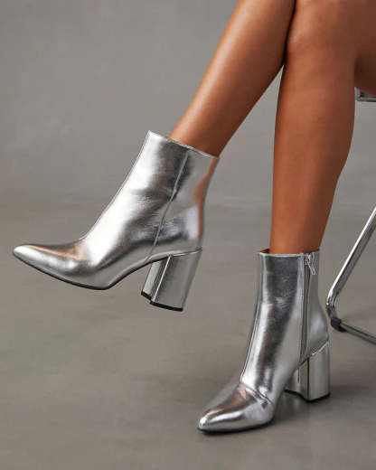 Silver metallic block heel ankle boots for a bold and trendy look