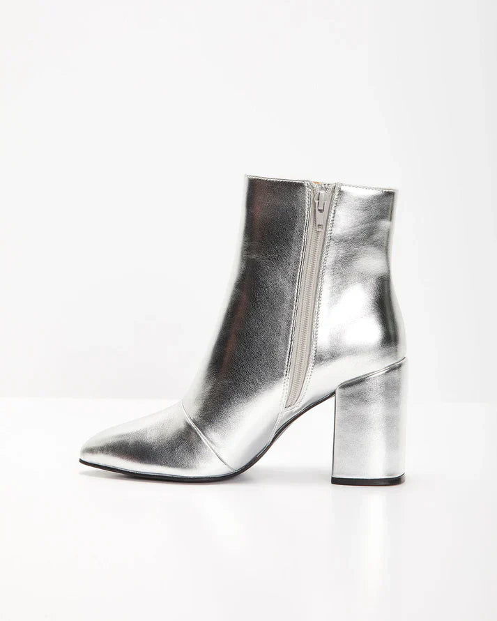 Silver metallic block heel ankle boots for a bold and trendy look