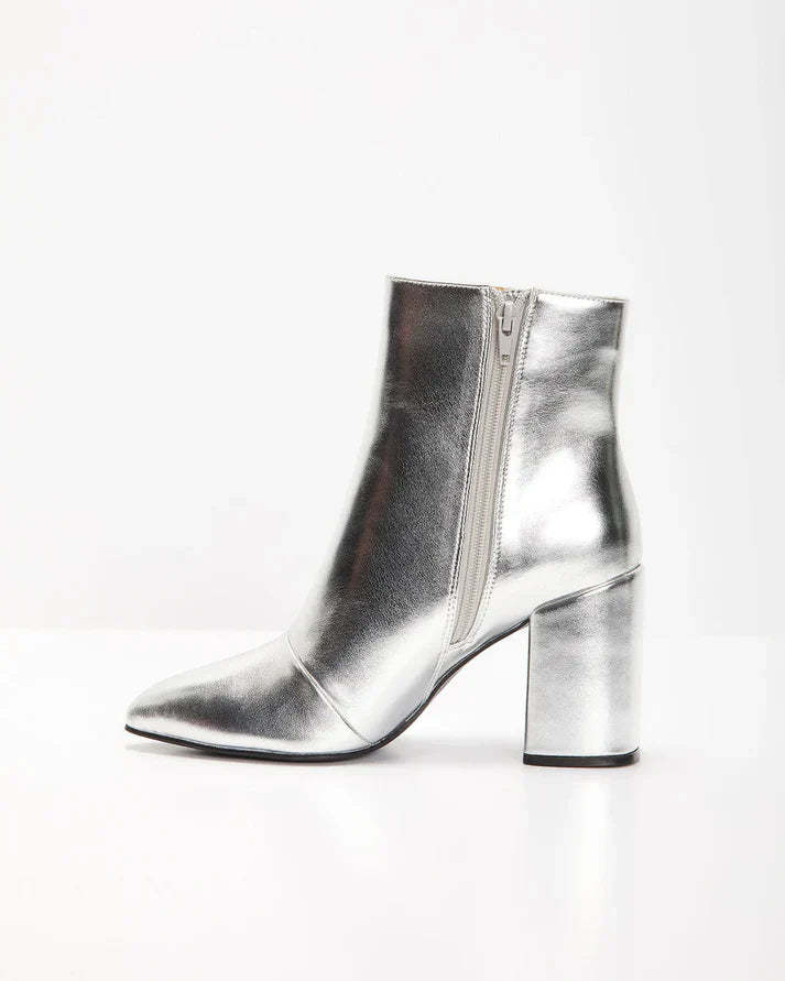 Silver metallic block heel ankle boots for a bold and trendy look