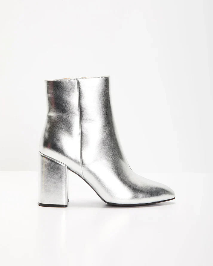 Silver metallic block heel ankle boots for a bold and trendy look
