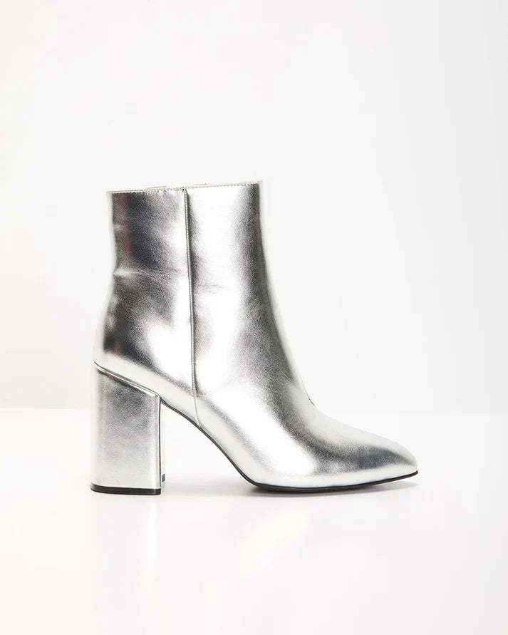 Silver metallic block heel ankle boots for a bold and trendy look