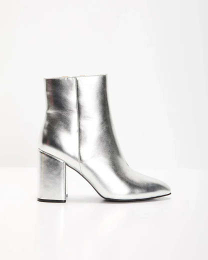 Silver metallic block heel ankle boots for a bold and trendy look