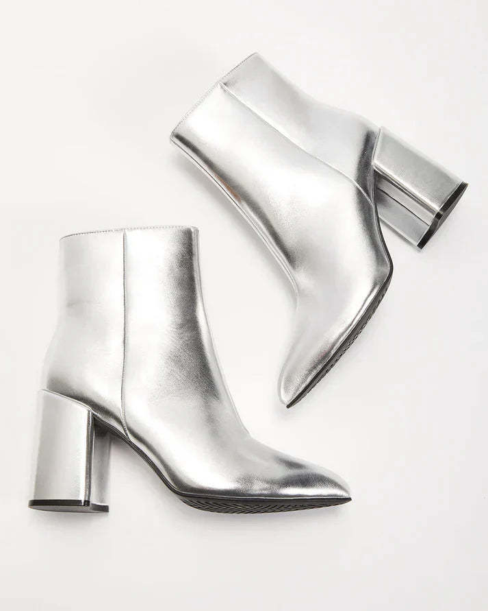 Silver metallic block heel ankle boots for a bold and trendy look