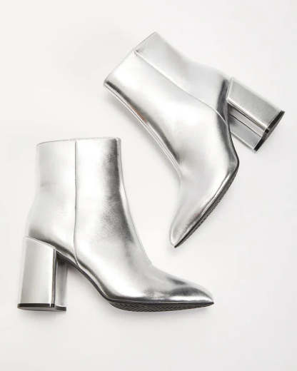 Silver metallic block heel ankle boots for a bold and trendy look