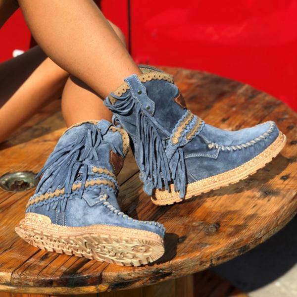 Women's Retro Leather Round-toe Flat Heel Tassel Boots