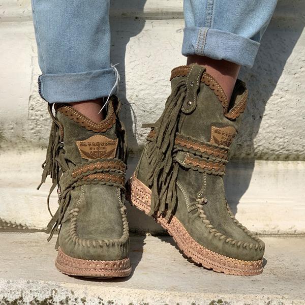 Women's Retro Leather Round-toe Flat Heel Tassel Boots